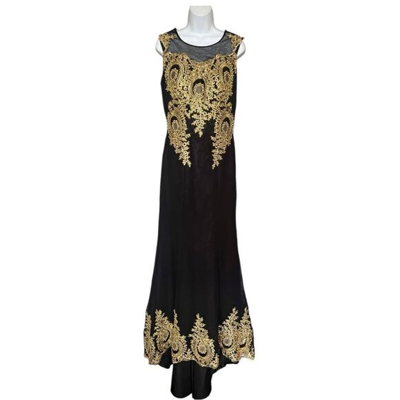 Black And Gold Mesh Embroidered Full Train Gown Evening Dress Size M - Picture 2 of 10